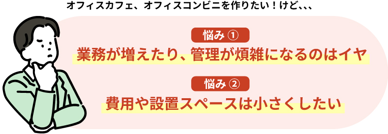 社内カフェ、オフィスコンビニを作りたいけど、、、＜悩み①＞ 業務が増えたり、管理が煩雑になるのはイヤ 　＜悩み②＞ 費用や設置スペースは小さくしたい
