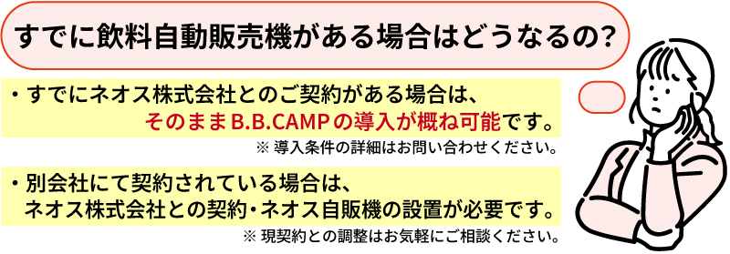 Q：既に飲料自動販売機がある場合はどうなるの？A：・既にネオス株式会社とのご契約がある場合は、そのままBB CAMPの導入が概ね可能です。※ 導入条件の詳細はお問い合わせください。・別会社にて契約されている場合は、ネオス株式会社との契約・ネオス自販機の設置が必要です。※ 現契約との調整はお気軽にご相談ください。