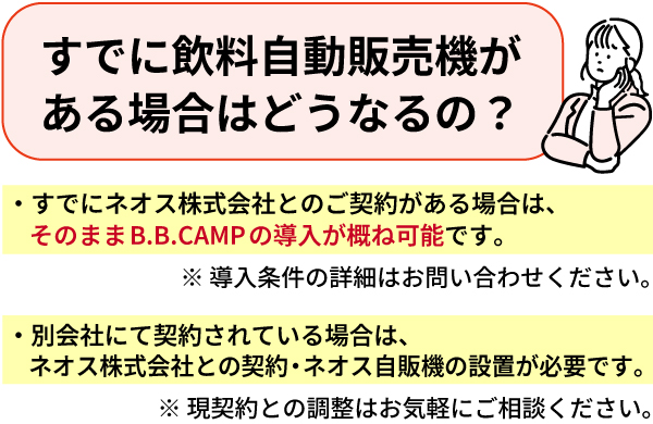 Q：既に飲料自動販売機がある場合はどうなるの？A：・既にネオス株式会社とのご契約がある場合は、そのままBB CAMPの導入が概ね可能です。※ 導入条件の詳細はお問い合わせください。・別会社にて契約されている場合は、ネオス株式会社との契約・ネオス自販機の設置が必要です。※ 現契約との調整はお気軽にご相談ください。
